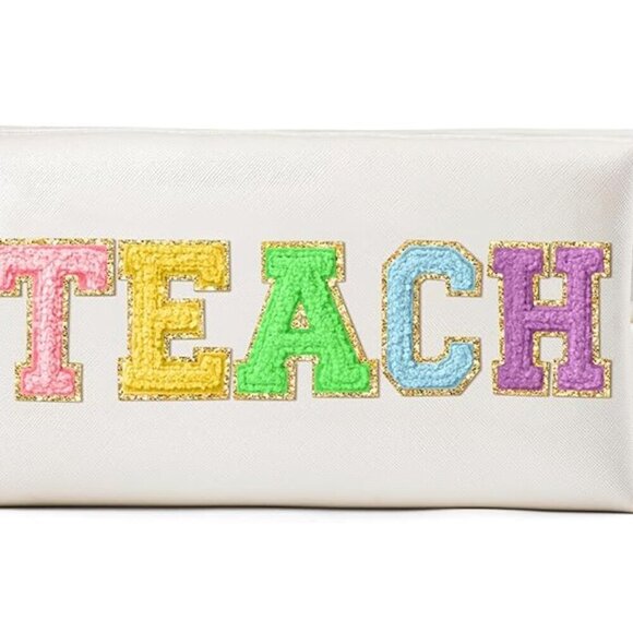 NEW TEACH Letter Makeup Bag Colorful TEACHER Chenille Letter Patch Cosmetic Bag - Picture 2 of 11
